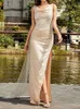 Casual jurken sexy beige mouwloze geplooide pailletten maxi jurk dames zomer swingende kraag split long celebrity avond feestjurk