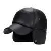 Ball Caps Winter Męska skórzana kapelusz zagęszcza baseball owczarek z uszami ciepłe snapback Hats taty sombrero de cuero del hombre