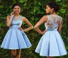 Light Sky Blue Short Homecoming Dresses Sheer Neck Sleeveless Lace Satin Ruffles Fashion Short Party Dresses Plus Size African Pro8173408