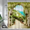 シャワーカーテンイタリアの風景カーテンビンテージヨーロッパタウンストリートフラワーシーンガーデンウォールハンギングホームバスルームの装飾フック付き