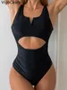 Swimwear Vigocasey 2024 Sexy Black Stabed Femmes Push Up Hollow One Piece Swimsuit Monokini Backless Summer Beach Bathing Full