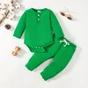 Clothing Sets 0-18 Year Old Baby Boy Green Diamond Knitted Towel Cloth Long Sleeved Drawstring Romper Pants Set