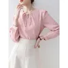 Camicette femminili in stile cinese rosa Donne Top 2024 Sleela lunga per chiffon a manicotto lungo a collo tondo primavera