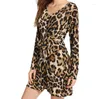 Casual jurken Spring Leopard Print V-Neck Cut-Out Long Sleeve jurk