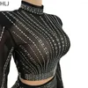 Abiti da lavoro Hlj Fashion Mesh Sinestone Shinestone Socie Due pezzi Donne O Neck Long Maniche Crop Top e Outfits Lady Party Club Abbigliamento