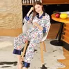 Домашняя одежда Округающая воротника Женская пижама набор шелк с длинным рукавом женски