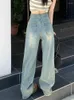 Jeans féminins américains rétro femme bleu clair baggy large jambe streetwear streetwear chic été unisexe haute taille sweet tout-match ulzzang