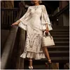 Basic & Casual Dresses Woman White Tassel Dress Flare Sleeve O-Neck Elegant Embroidery Split For Lady Party Holiday Wear Summer 21060 Dh1Rg