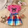 Roupas conjuntos de verão Crianças de crianças garotas casuais desenhos animados fofinhos estampas curtas de manga curta saia xadrez de moda infantil