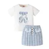 Ensembles de vêtements 2024 Été pour bébés filles enfants à manches courtes caricatures ours bow t-shirt top top jupe à plaid vêtements décontractés pour enfants