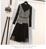 Arbetsklänningar Autumn Women Elegant Suit Vest Tops och långärmad Midi Mesh Dress Matching Set Outfit Plus Size Two Piece Female Clothes