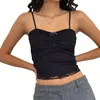 Kvinnors tankar Qianderer Women s Lace Camisole Slim Fit Sweetheart Neck Front Ruched 3D Bow Flower Spaghetti Strap Crop Tops för sommaren