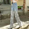 Frauen Jeans Frauen Sommer -Denimhose Fashion Hohlloch -Spitzen -Design Patchwork hohe Taille gerade Bein Y2K Hosen Vintage locker