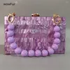 Bolsas de noite pérolas pêlo roxo bolsa de ombro bordo manuseio de cadeia caixa de acrílico garra bolsa de festa de casamento