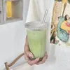 Vinglasögon Simple Transparent Rand Glass Cup kaffemugg med lock Straw Home Office Latte Milk Juice Cups Heat Motstånd Drinkware 375 ml