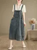 Casual Dresses Denim Oversized Summer Midi Sleeveless Strap Dress Women Flower Embroidery Modis Ladies Loose Pleated Woman