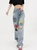 Jeans pour femmes femmes harajuku style européen streetwear streetwear peinture d'été éclaboussure tout-correspondant lavage large de pantalon denim de jambe