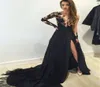 Vestidos de baile Longo 2019 Sexy Veja através da manga longa Apliques de vestido de baile Lace High Slit Black Chiffon Noty Dress7550520