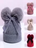 Dubbel pompom söt båge baby hatt vinter stickade barn baby flicka vinter hatt varmt tjockare barn spädbarn mössa cap flickor motorhuve3962576