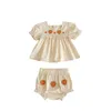 衣料品セット女の女の子の2ピースセットサマーフラワー刺繍ショートレースバブルスリーブトップエラスティックパンショーツかわいい幼児衣装
