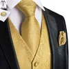 Men's Vests Luxury Gold Mens Silk Red Blue Green Waistcoat Tie Bowtie Hanky Cufflinks Set Male Waist Jacket Wedding Office Hi-Tie