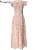 Abiti casual Svooryxiu Fashion Designer Party Summer Party Pink Elegant Long Dress Women's Neck High Waist Flower Hollow A-Line