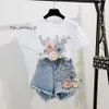 Projektant Wysokiej jakości luksusowy moda 2024 Summer Women 2-częściowe zestawy haftowe 3D T-shirt dżinsowe zestawy dżinsowe