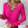 Kadın Sweaters 2024 Sonbahar Kış Kapanış Düz Renk V Yez Zinciri Boşluk Uzun Kollu P Sweater Drop Teslim Giyim Giysileri Dhqmi