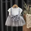 Meisjesjurken Lisunny Baby Girls Summer Jurk 2024 Peuter Princess Sweet Bow Dot Mesh Party Kinderen A-lijn 0-4Y