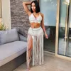 RT Sexy Femmes Crochet Set Two Pieces Set Halter Backless Crop Top Long Skirt Set Set Hollow Out Crocheted Beach Cost 240409