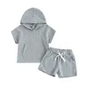 Kläder sätter Little Girl Boy Waffle Set Solid Color Hooded T Shirt Topps Elastic Midje Split Shorts Toddler Summer Outfits