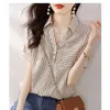 Women's Blouses Summer Polo kraag chiffon pullover mode streep shirt knop pocket splicing casual veelzijdige korte mouw tops