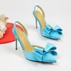 Klänningskor Doris Fanny Blue Bow Women's Handmade Silk High Heels Party utgående Sandaler Slingback Fashion