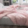 Yatak takımları colchas de retazos rosas fresc edredn con bolas pequeas costura cubrecama funda cama slida lino