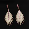 Dangle Earrings Feather For Women Light Pink Cubic Zircon Luxury Jewelry Wedding Evening Party Gift