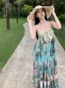 Casual Dresses Summer Vintage Green Print Off Shoulder Party Strapless Long For Women Sexy Club Boho Backless Pleated Sundress Romantic