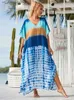 Basis Casual jurken Boho Gedrukte Kaftan Casual Summer Clothing 2024 Women Plus Size V-Neck Batwing Slve Beach Wear Maxi Jurken Robe Sarong Q1476 1 T240415