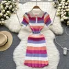 Summer Short Sleeve Knit Dress Women Elegant Stripe Slim Elastic Stretch Casual BodyCon Party Mini Dresses Outfits 240329