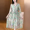 Abiti casual 2024 Summer Summer Floral Silk Abito Midi a maniche lunghe donne Boho Fashion coreano Elegante festival di lusso Vestidos