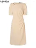Casual Dresses Women Dress 2024 VONDA Sexy Midi Party Fashion Solid Color Short Sleeve Sundress Oversized Loose Robe Femme
