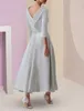 Silver grey A Line Mother of the Bride Dress v back Plus Size wedding guest wear Elegant Bateau Neck Tea Length Satin 3/4 Sleeve Formal Evening Gowns