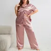 Home Kleding Solid kleur Rapel Sleepwear Zijde Imitatie Nachthoofdoorlog Half Mouw Lange broek Pyjama Tweedelige set Casual kleding voor vrouwen