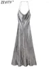 Lässige Kleider Zevity 2024 Frauen High Street ärmellose Metallic Color -Gurt Halfer Midi Kleiderinnen weibliche schicke Reißverschluss Marke Party Vestidos