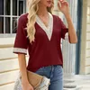 Women's Blouses Loose Fit Women Top Golden Lace V-neck T-shirt For Streetwear Tops With Short Sleeve Pullover Style