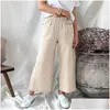 Calças femininas Capris Summer bolso de bolso de cor sólida cintura larga perna larga feminina linho de algodão Lady Lady Pleated Fashion TROUS OTD7W