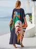 Boho gedruckt Kaftan Sommerkleidung Frauen plus Größe V-Ausschnitt Batwing Sleeve Beachwear Cover-ups Maxi Kleid Robe Sarong Q1476