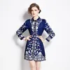 Casual Dresses Spring Summer Women's High Quality Long Sleeve Royal Court Allover Printed Single Breasted Blue Ladies Dress