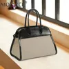 Drawstring Cowhide Patchwork Canvas Luxury Designer Handbag Casual Commuter Satchel Purse Top Handle Bag For Work Travel Shopping