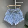 Damesjeans 2024 Zomer Diamant Inbedding struisvogel haar toont dunne kwastjes mode denim shorts trend