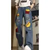 Floret Embroidered Jeans for Men's Summer American High Street Distressed Loose Straight Tube Vibe Trendy Brand GJ347 P55